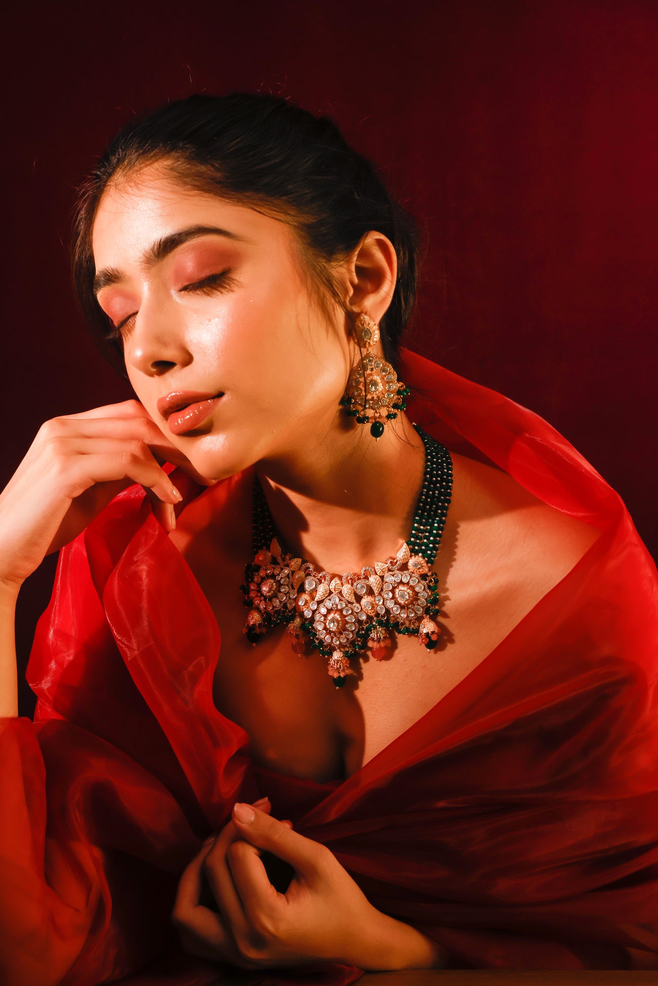 Meenakari Moissanite Polki Set With Onyx And Coral Drops