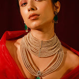 Niki Mehra In Sofia Pear Necklace Set With Emerald Green Doublet Stones