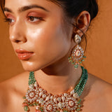 Meenakari Moissanite Choker Polki Set With Strawberry Quartz And Coral Drops