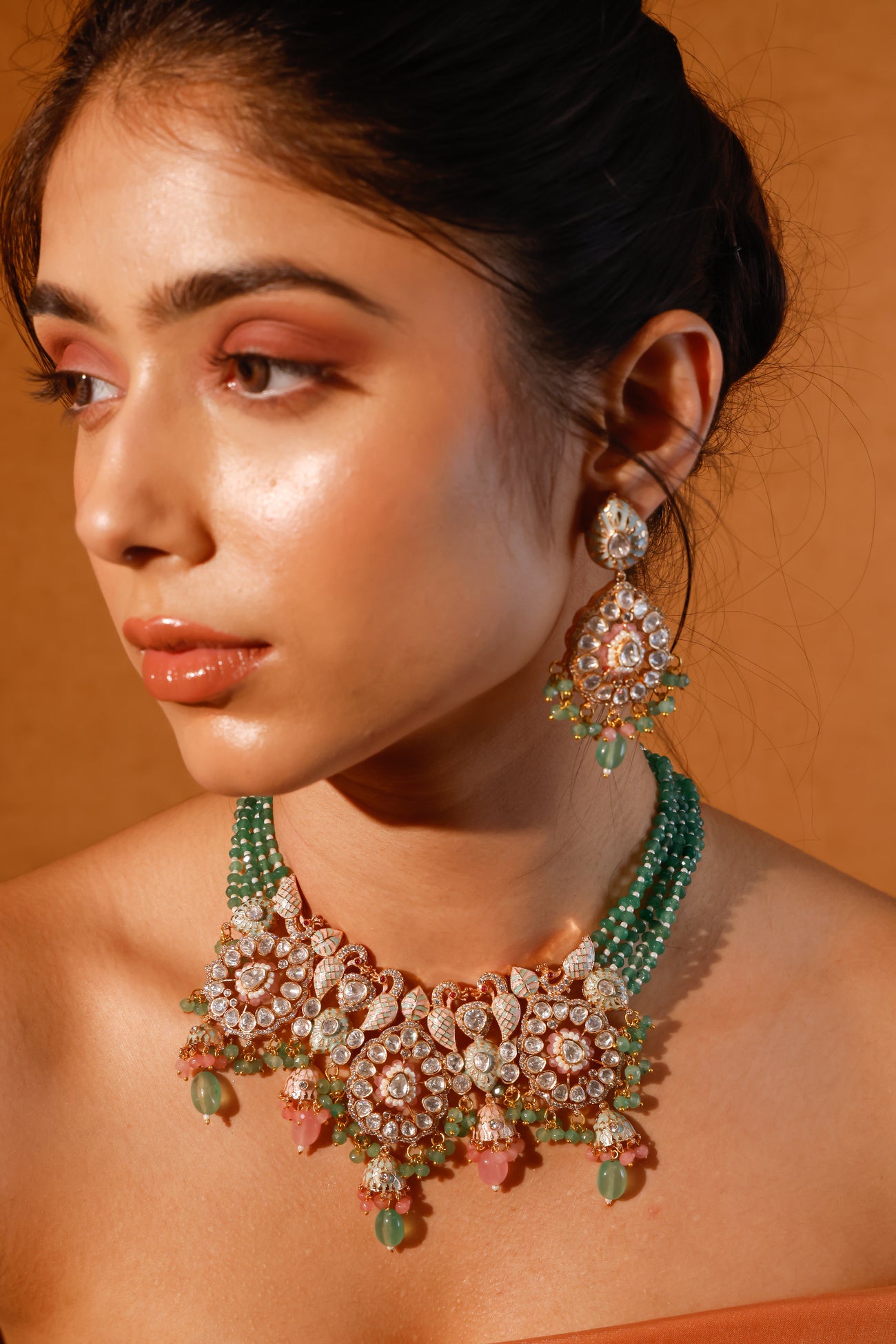 Load image into Gallery viewer, Meenakari Moissanite Choker Polki Set With Strawberry Quartz And Coral Drops
