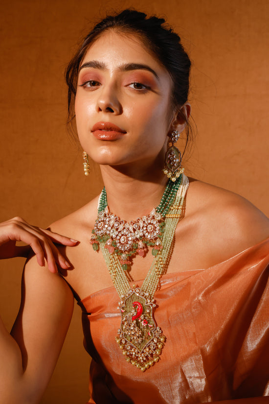 Load image into Gallery viewer, Meenakari Moissanite Choker Polki Set With Strawberry Quartz And Coral Drops
