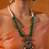 The Peacock Long Necklace Set With Pearls And Green Onyx