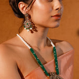 The Peacock Long Necklace Set With Pearls And Green Onyx