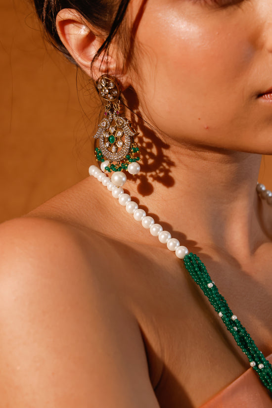The Peacock Long Necklace Set With Pearls And Green Onyx
