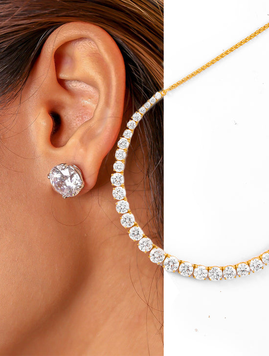 Eleni Single Line Diamante Necklace & Classic Round Solitaire Stud Earrings Combo