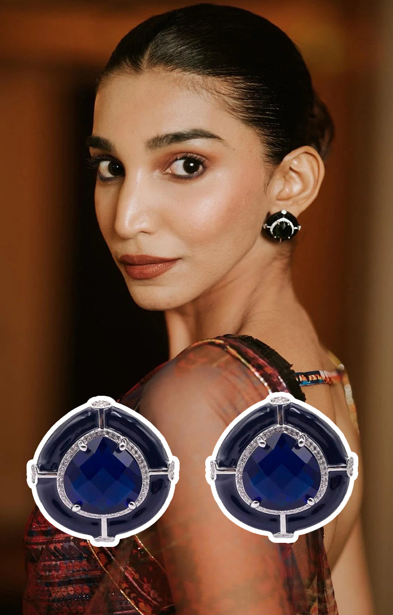 Juhi Godambe in Black Enamel Drop Shape Indigo Blue Studs