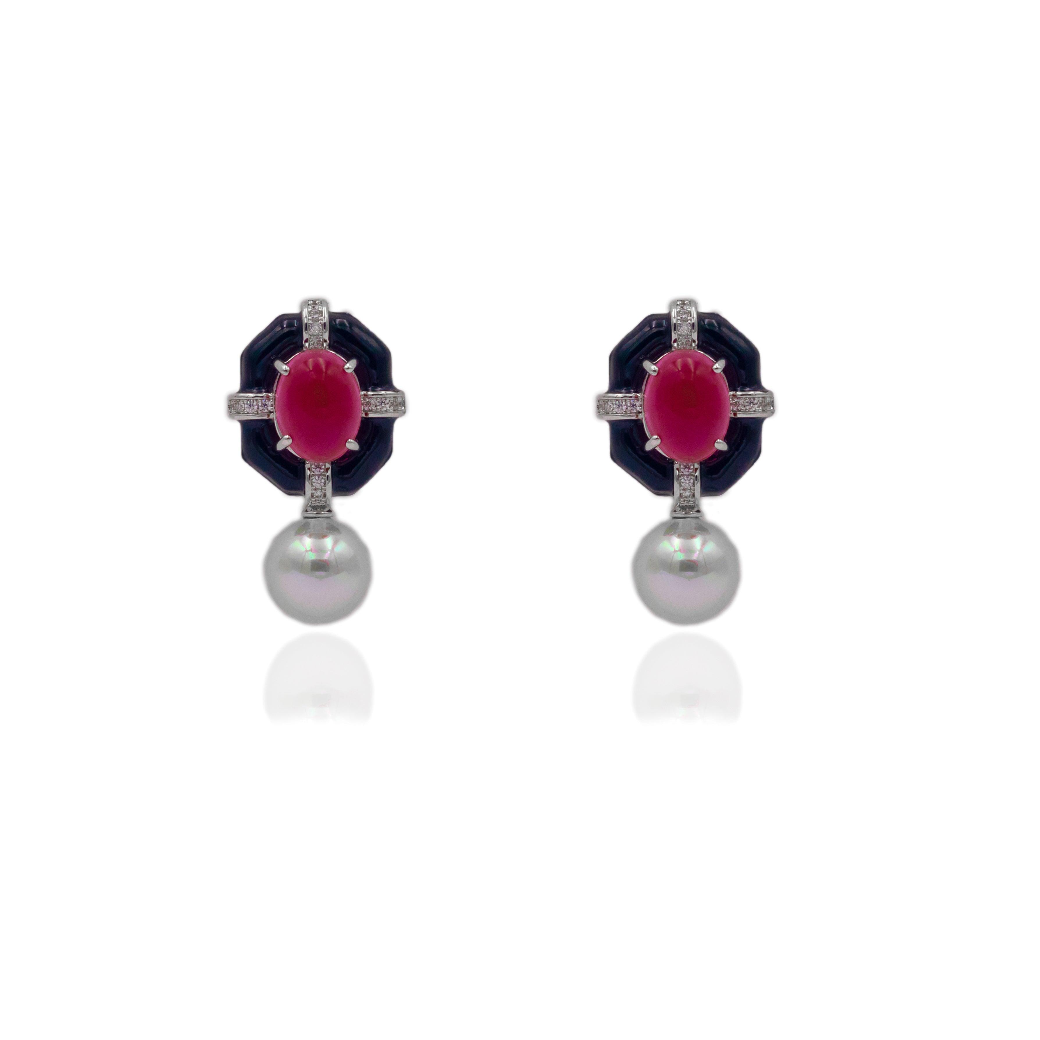 Black Enamel Geometric Ruby Studs - Zevar King