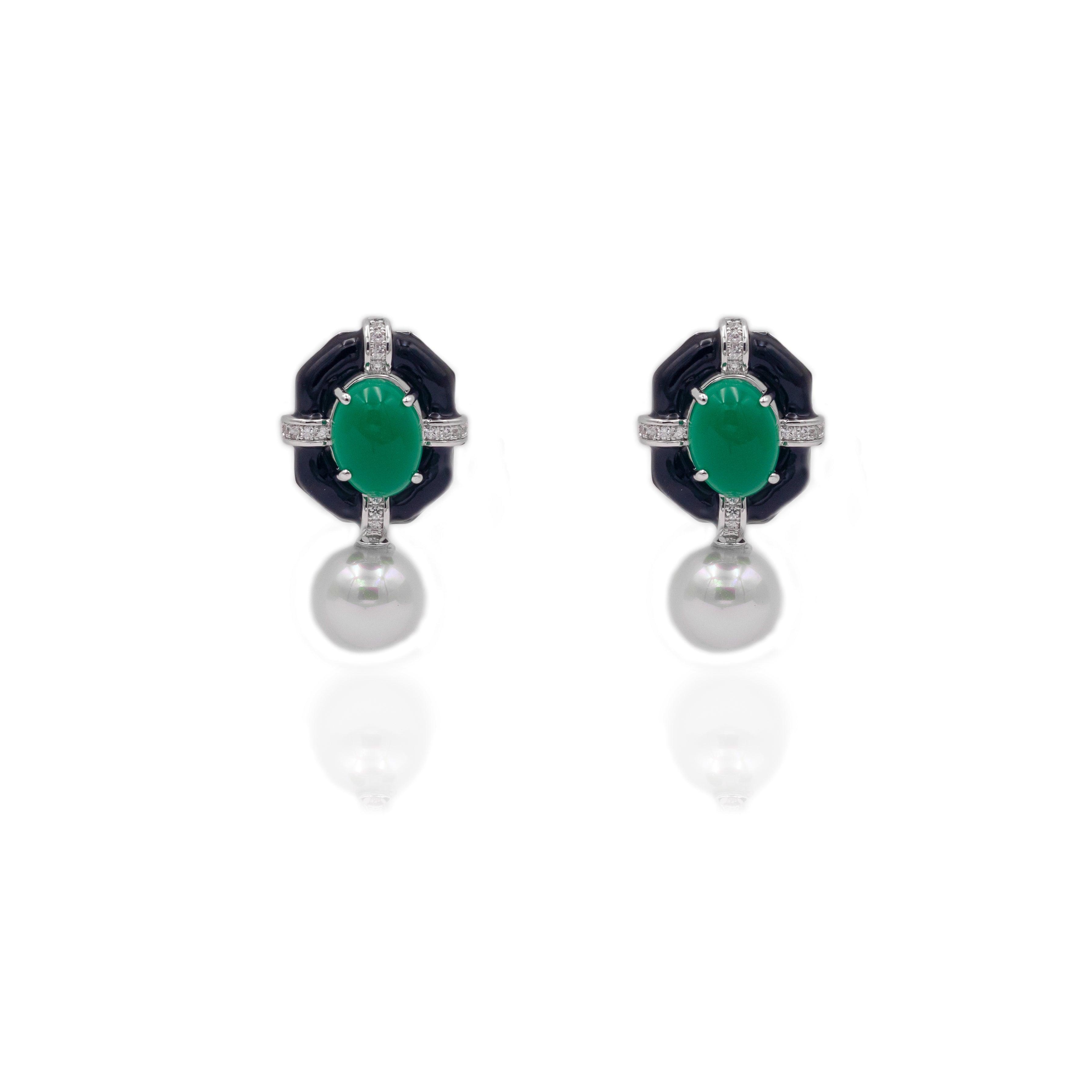 Black Enamel Geometric Emerald Green Studs - Zevar King
