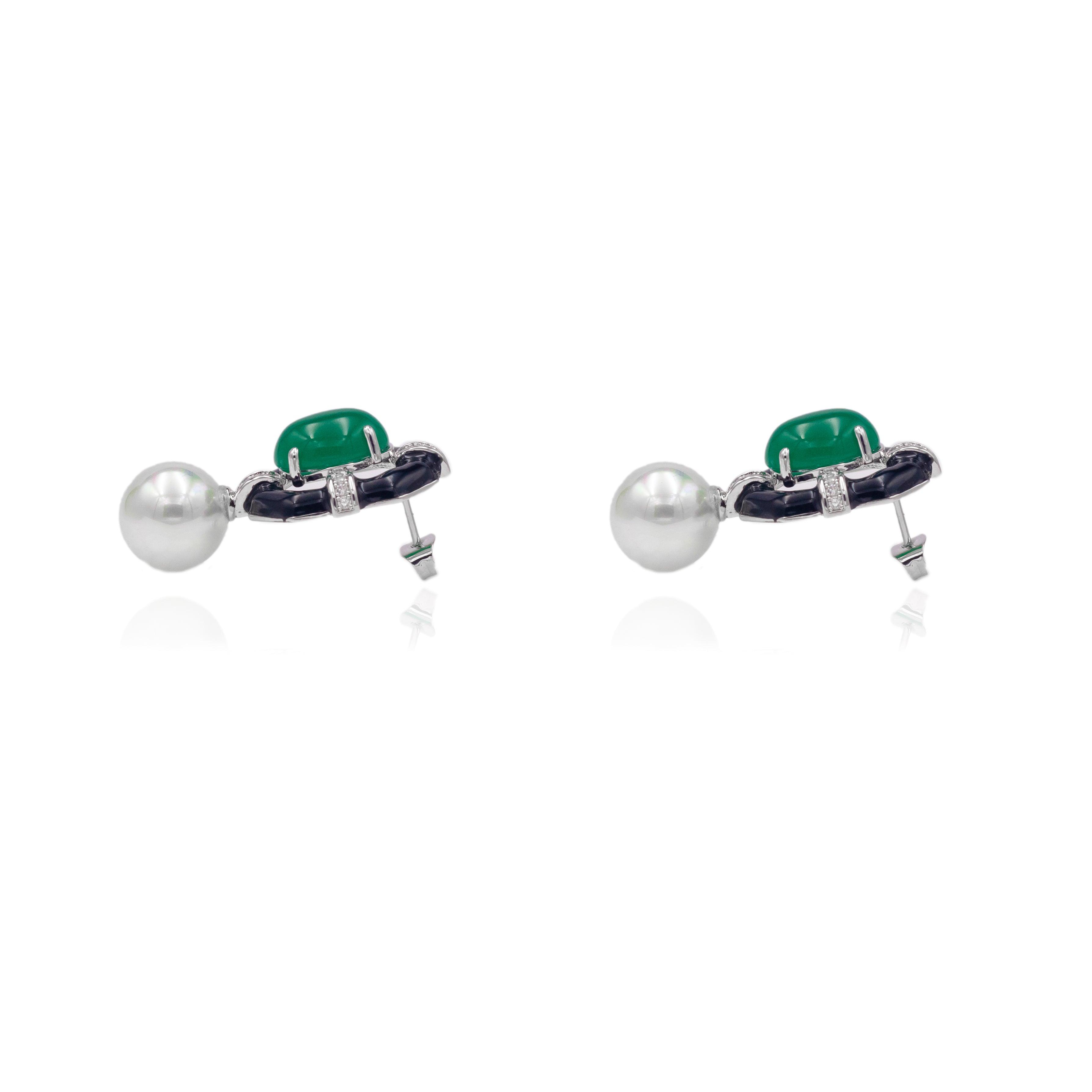 Black Enamel Geometric Emerald Green Studs - Zevar King