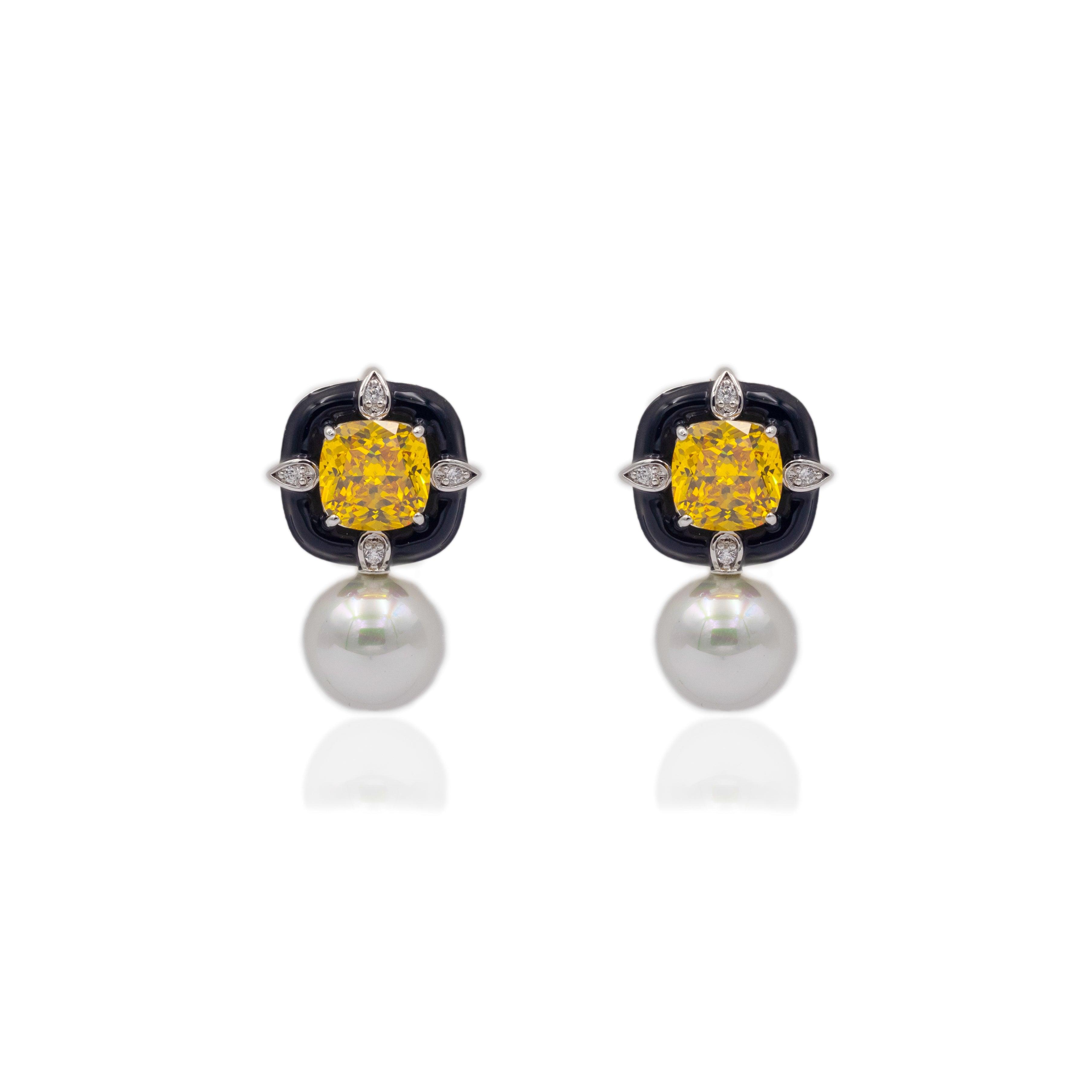 Black Enamel Square Yellow Topaz studs - Zevar King