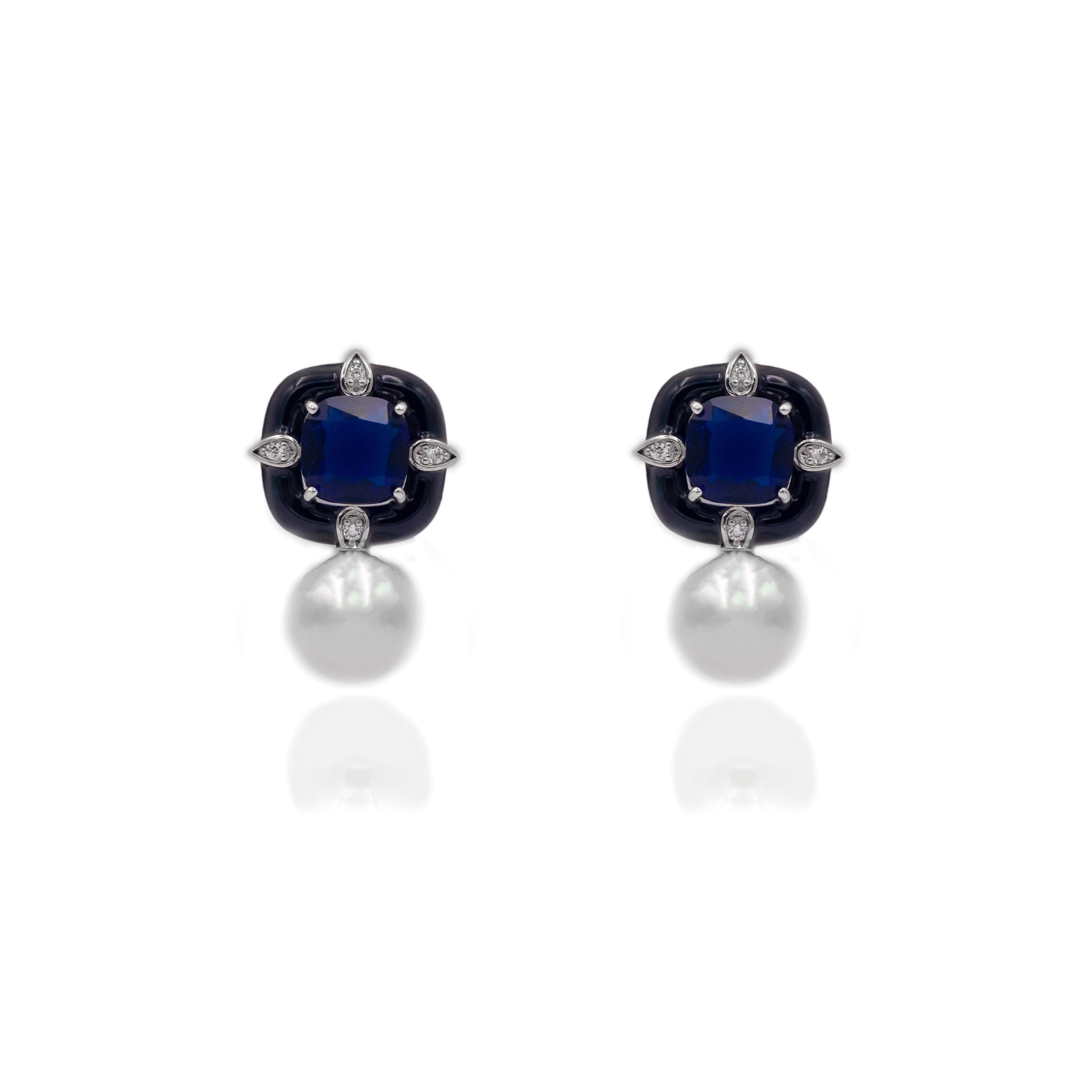 Black Enamel Square Shape Indigo Blue Studs - Zevar King