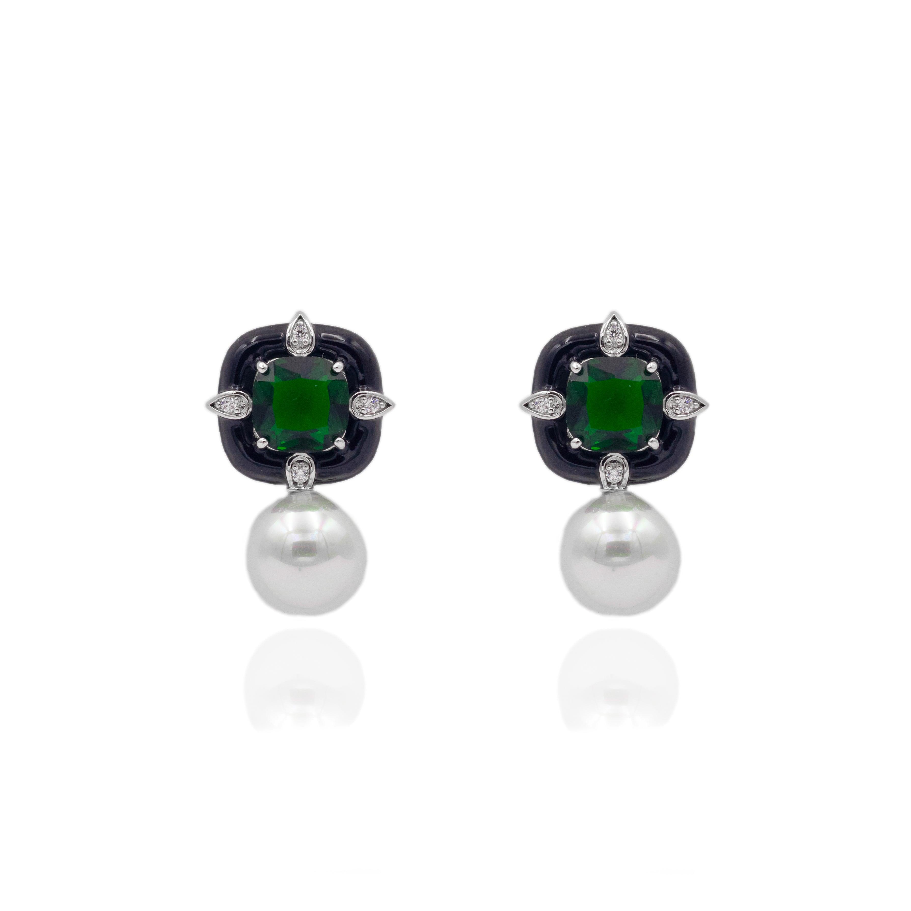 Black Enamel Square Shape Emerald Green Studs - Zevar King