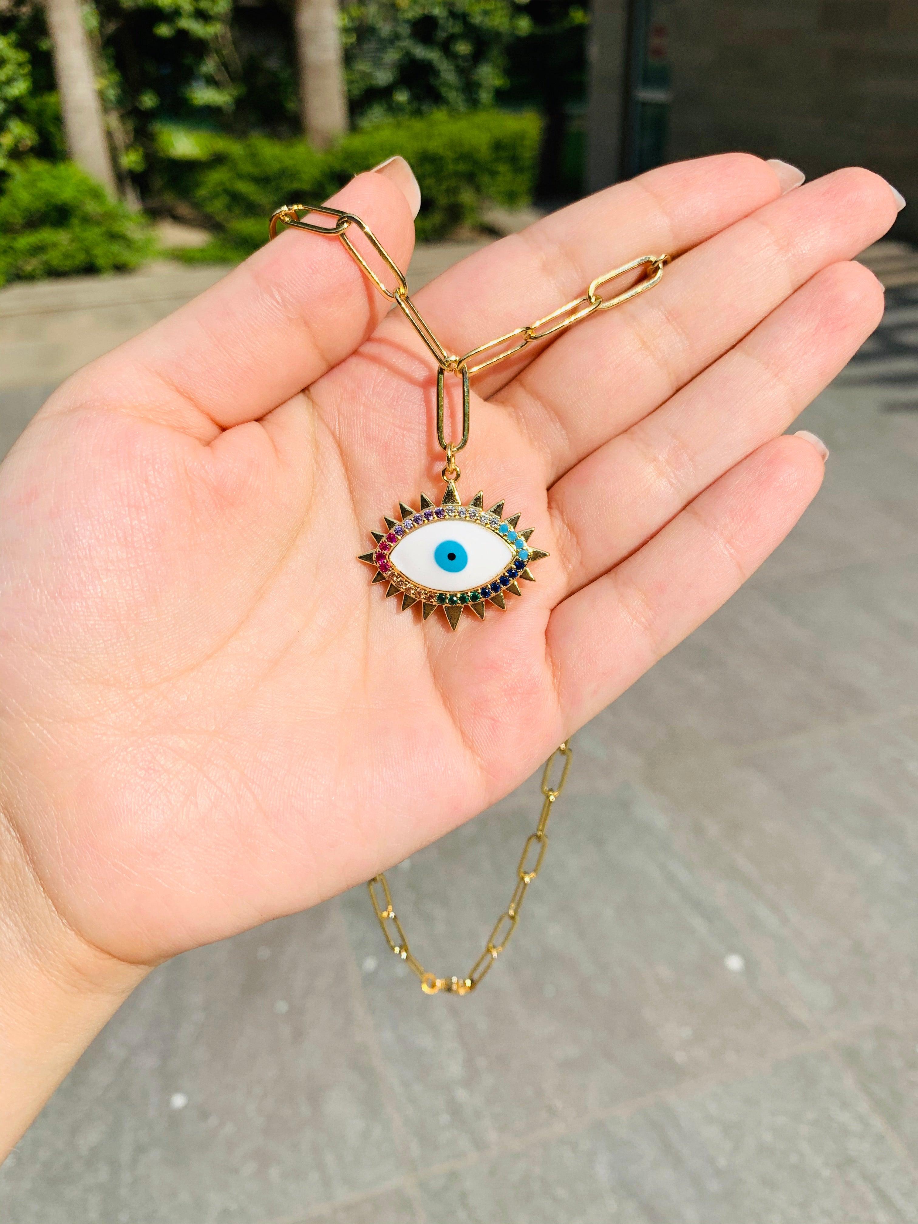 Enamel Evil Eye Link Chain Necklace - Zevar King