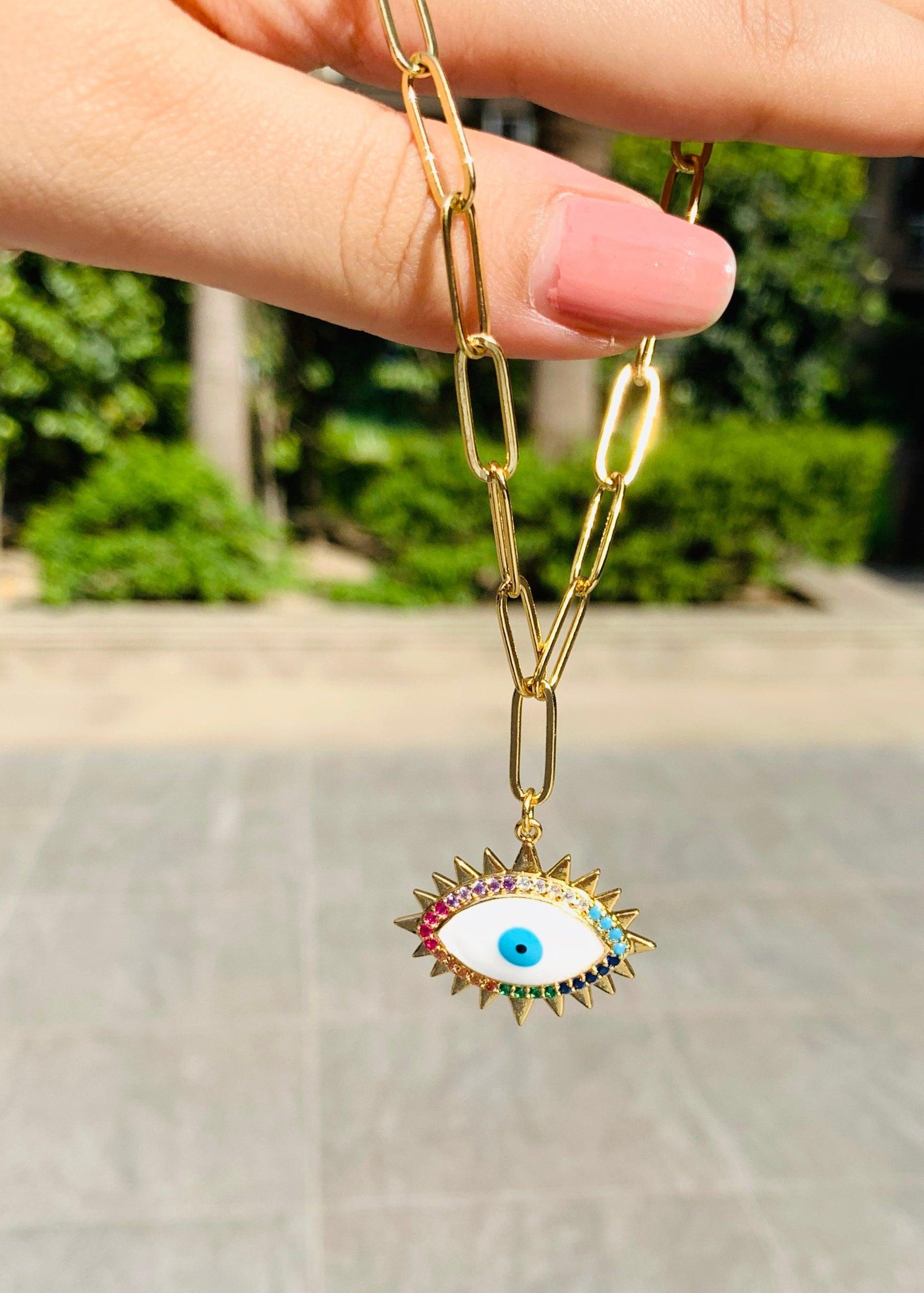 Enamel Evil Eye Link Chain Necklace - Zevar King