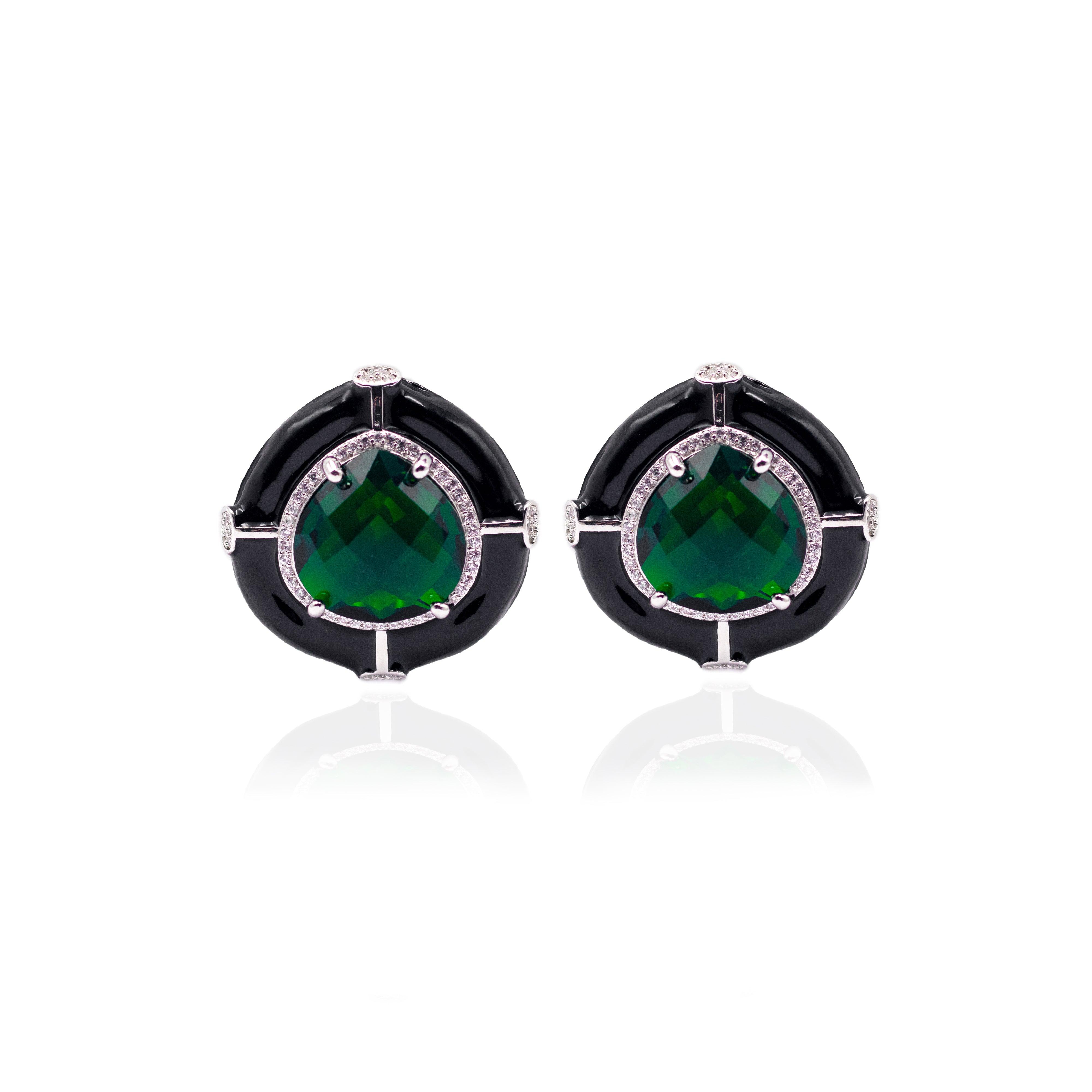Black Enamel Drop Shape Emerald Green Studs - Zevar King