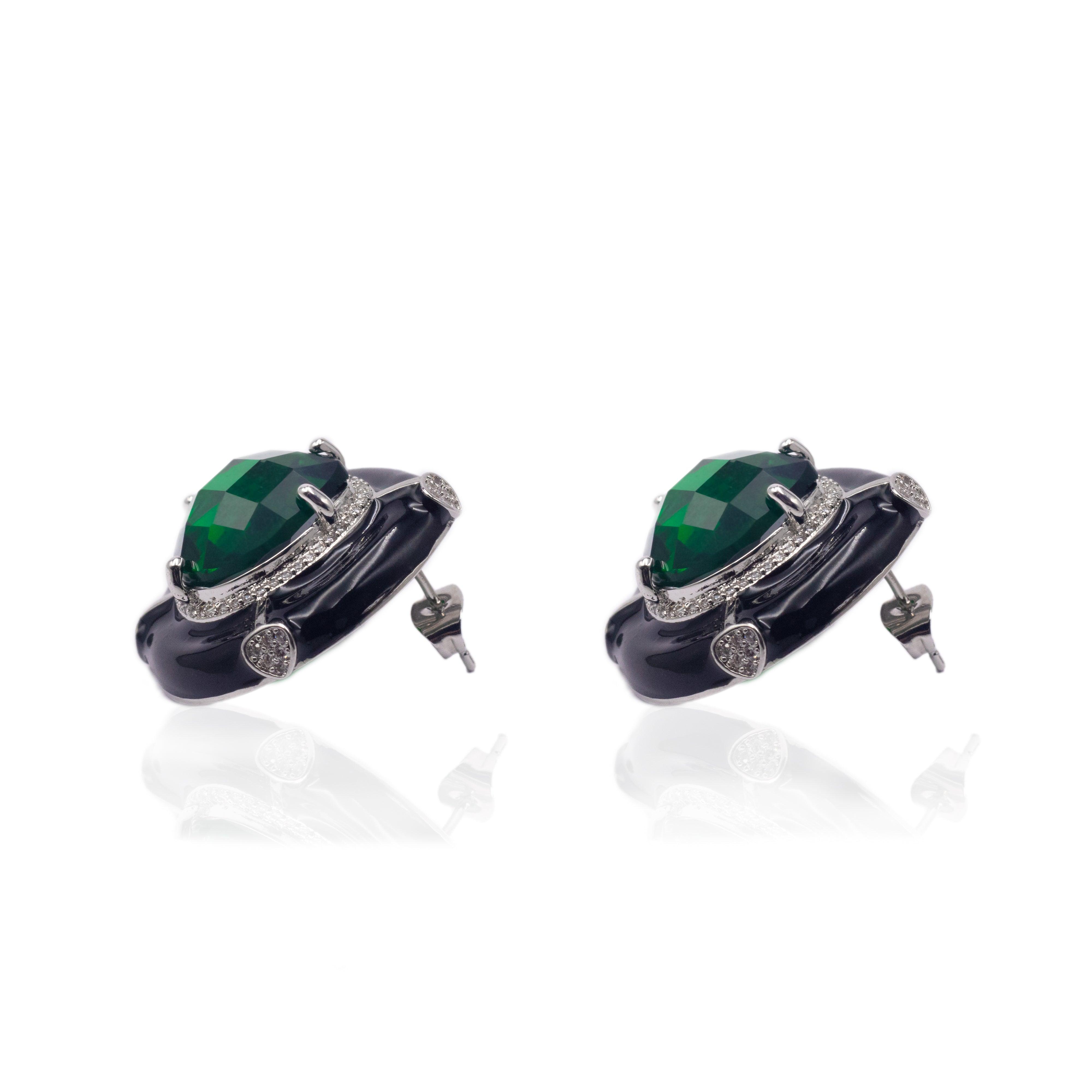 Black Enamel Drop Shape Emerald Green Studs - Zevar King