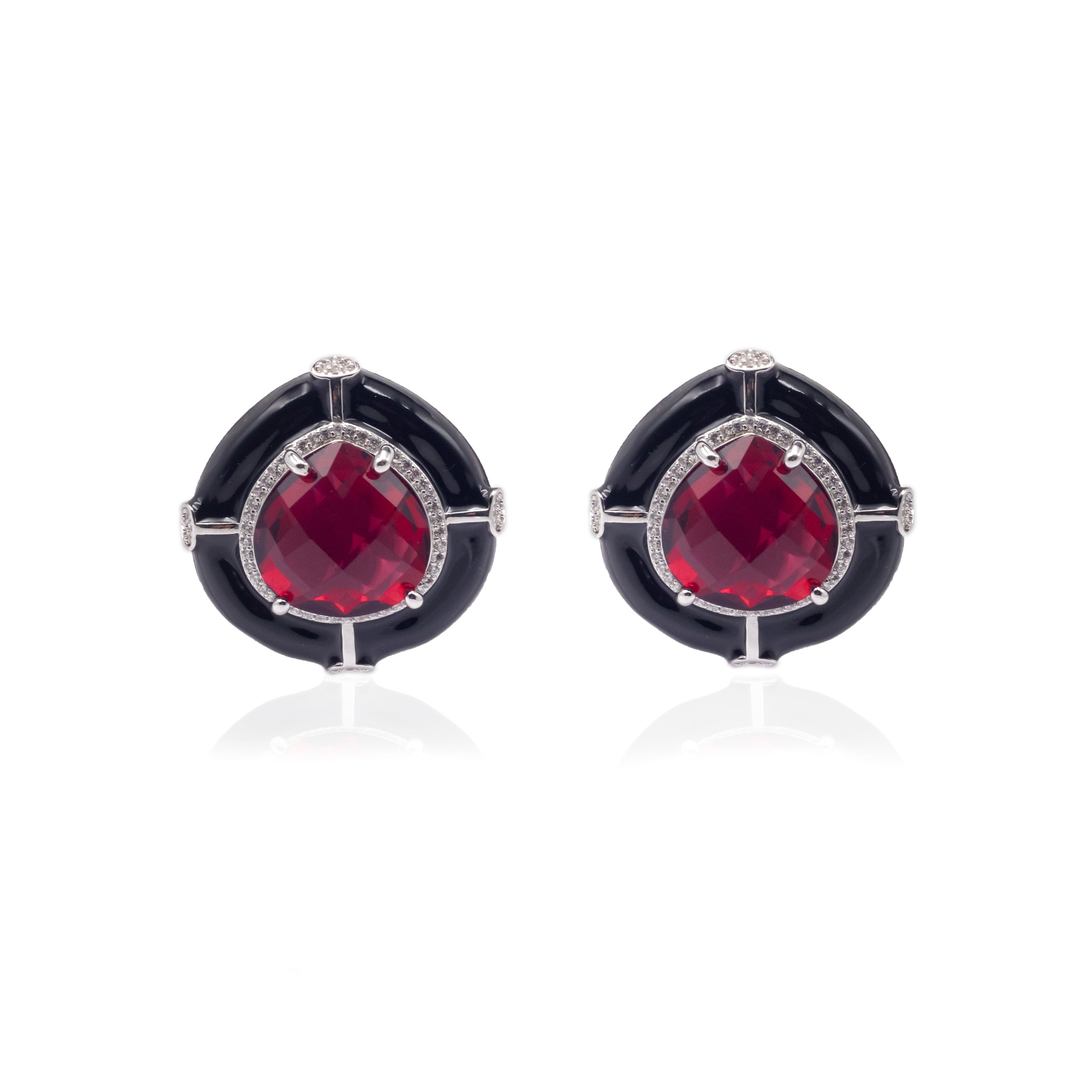 Black Enamel Drop Shape Ruby Red Studs - Zevar King