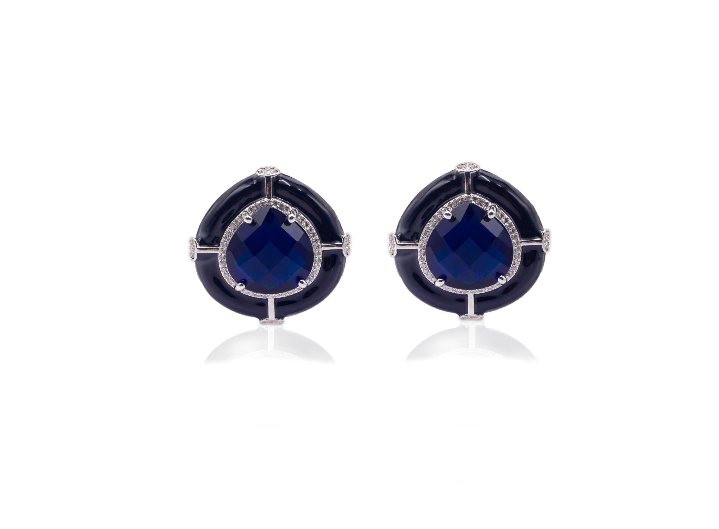 Black Enamel Drop Shape Indigo Blue Studs - Zevar King