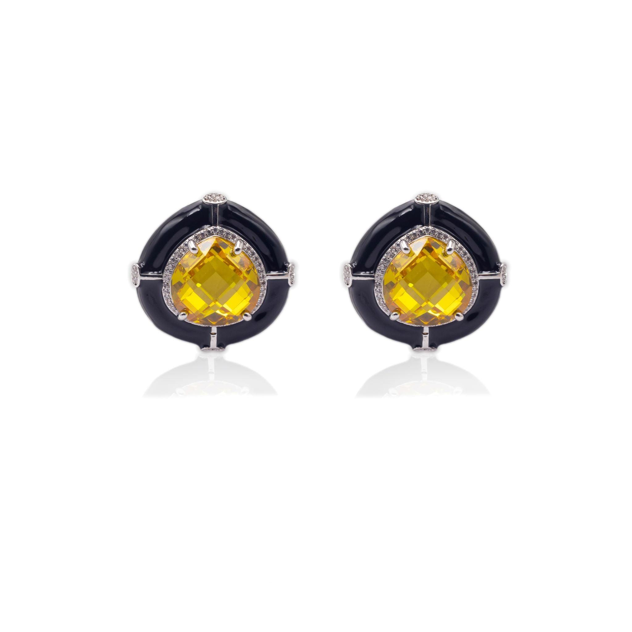 Black Enamel Drop Shape Yellow Topaz Studs - Zevar King