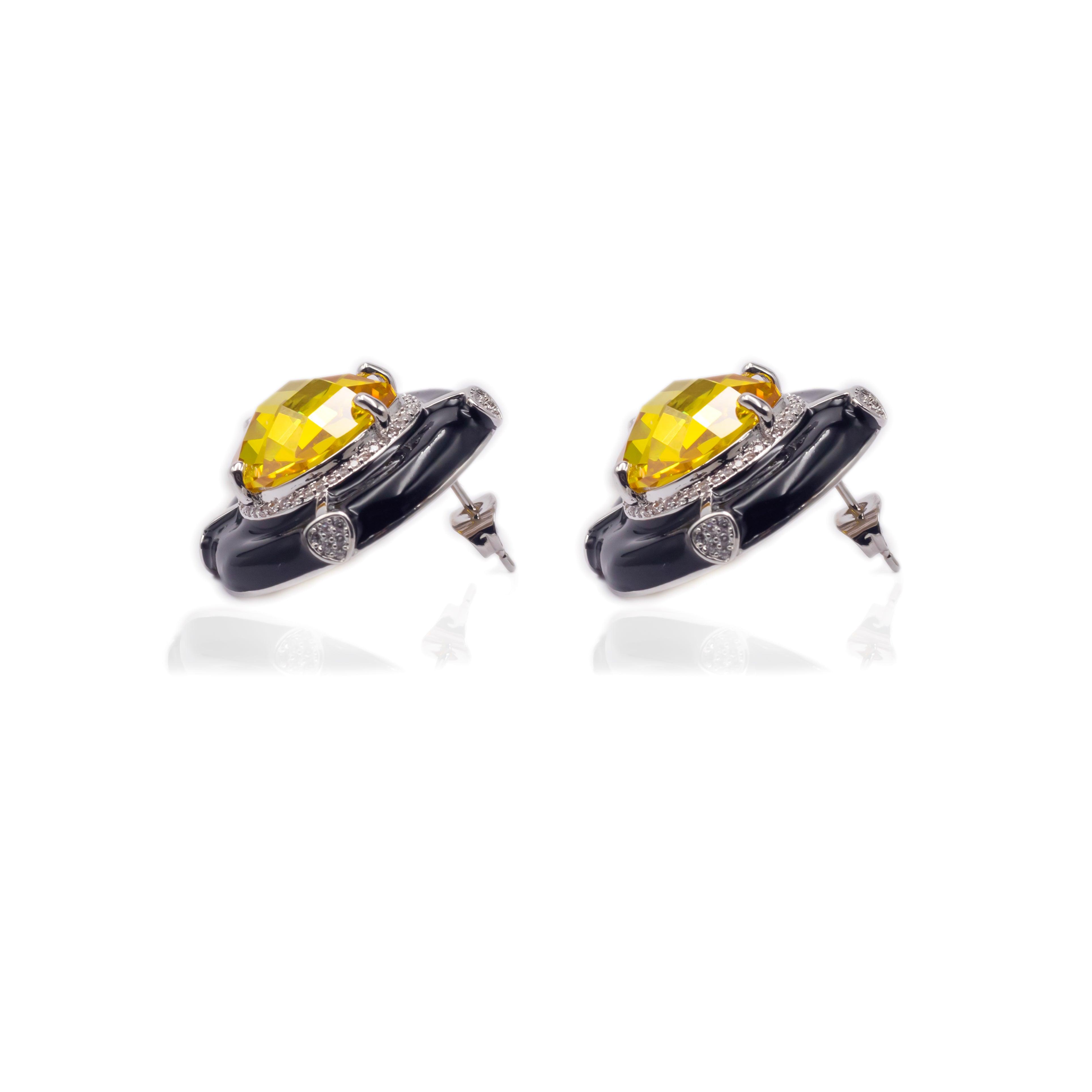 Black Enamel Drop Shape Yellow Topaz Studs - Zevar King