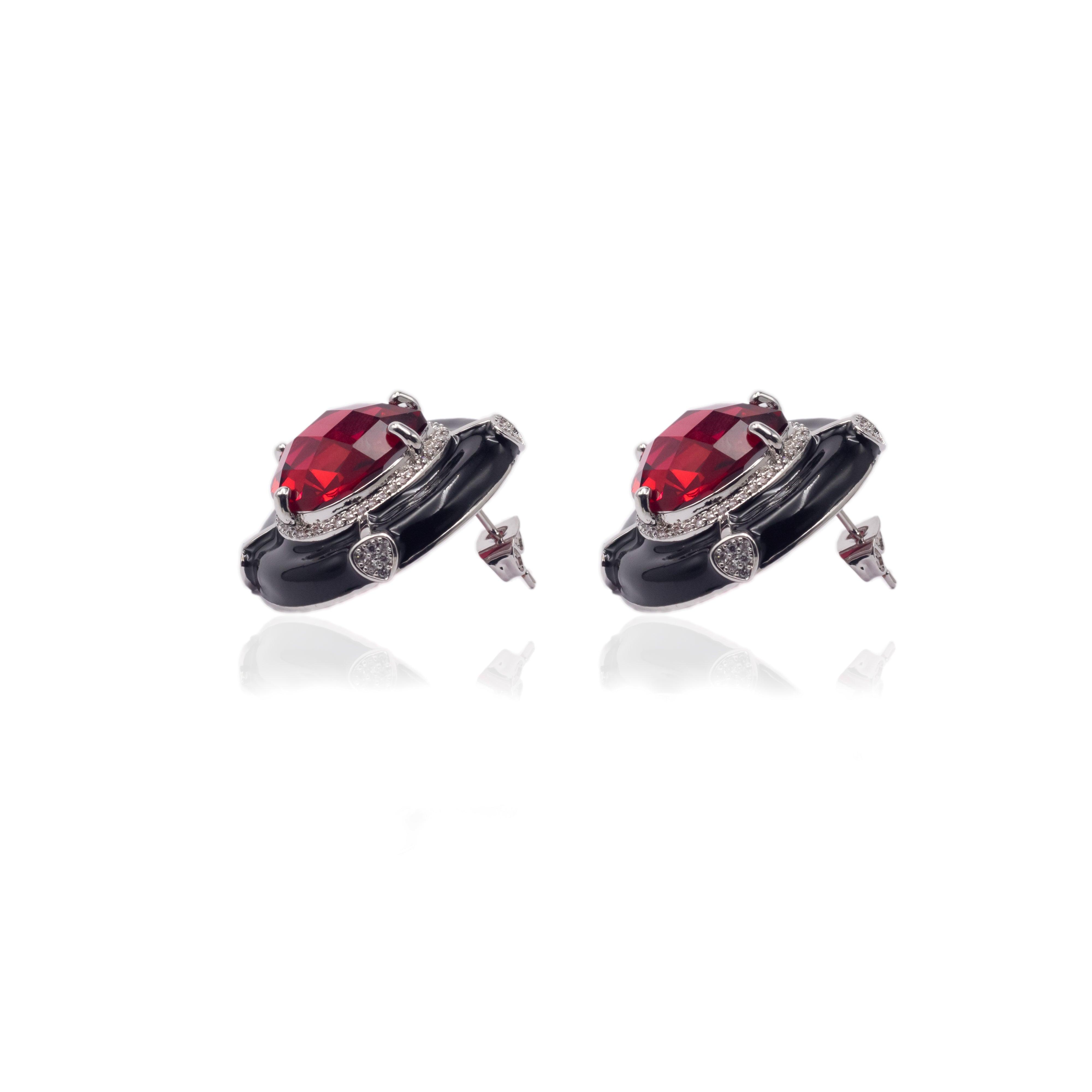 Black Enamel Drop Shape Ruby Red Studs - Zevar King