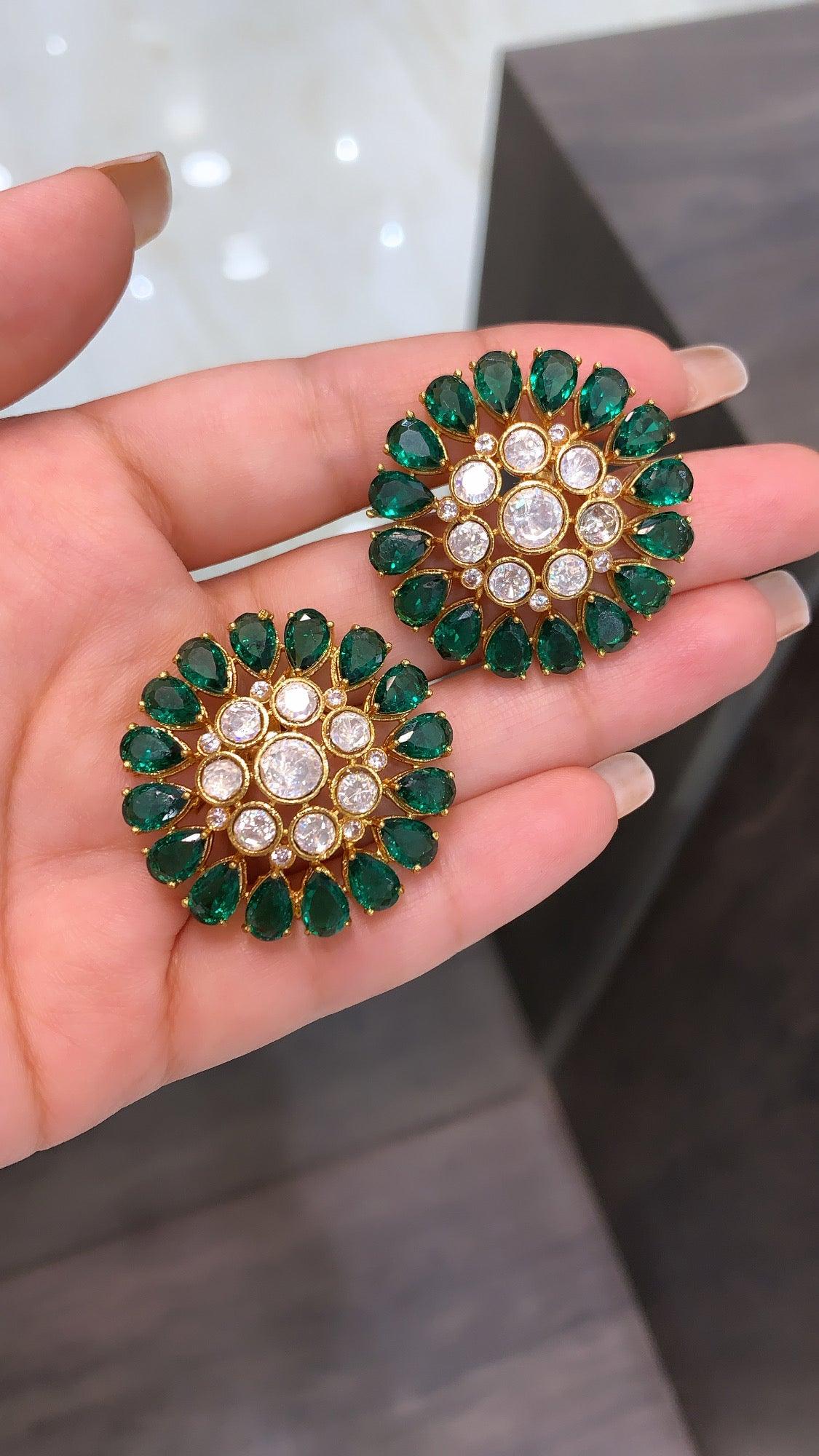 Glam Gold Earrings - Emerald Rhinestone Earrings - Drop Earrings - Lulus